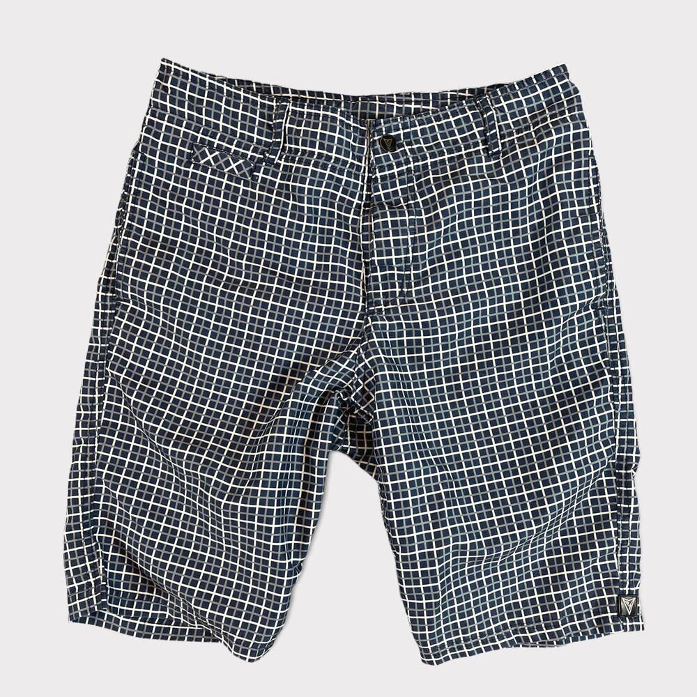 Univibe Mens 28 Shorts Blue Gray White Check Polyester Lined